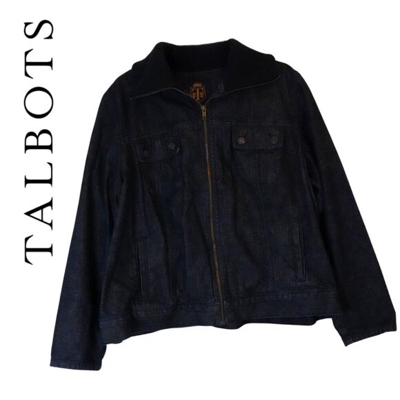 Talbots, Ribbed Wide Collar Denim Zipper Jacket Coat, Dark Wash, Blue, Navy - Picture 1 of 6